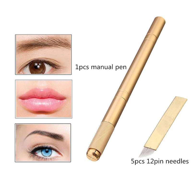 

Permanent Makeup Eyebrow Tattooing Manual Guns Microblading 5pcs 12pin Blade Needles+Golden Tebori 3D Pen Tattoo Supplies