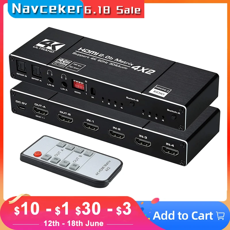2023 4x2 HDMI Matrix Switch Splitter 4 In 2 Out 2 In 2 Out with SPDIF L/R 3.5mm HDR HDMI-compatible Switch ARC 4K@60Hz for PS5