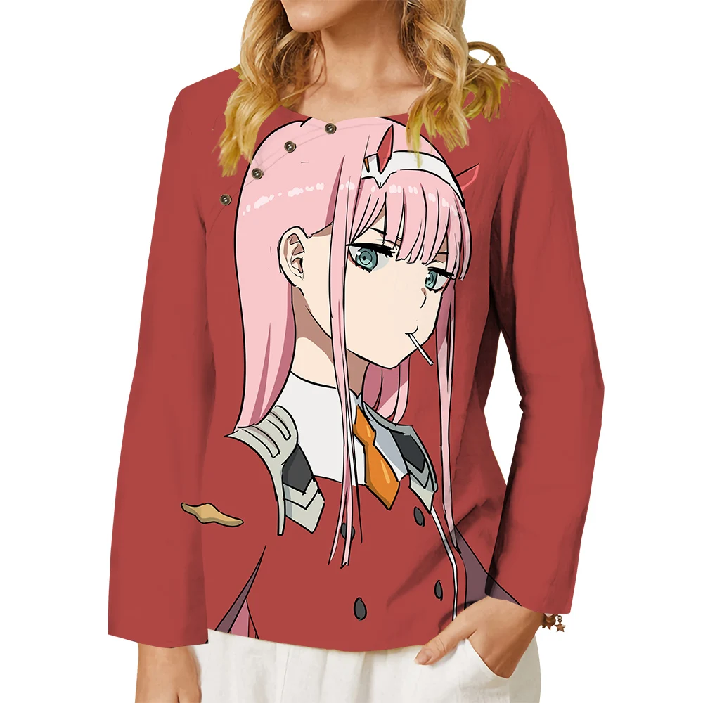 

CLOOCL Kawaii Women Red T-shirt Zero Two Darling In The Franxx Graphics Print Button Decorate Long Sleeve Tee Anime Blouse