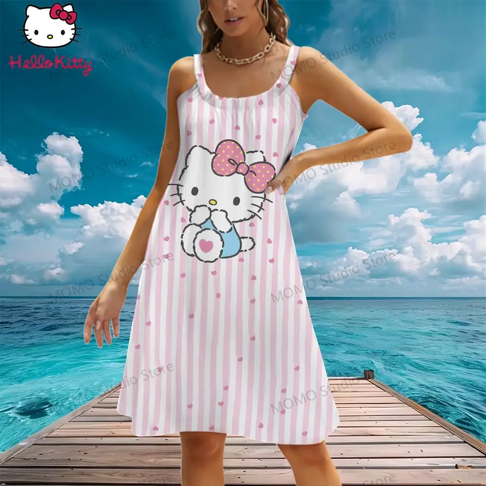Женское пляжное платье на бретельках Hello Kitty крутая мода для отдыха Y2k элегантные