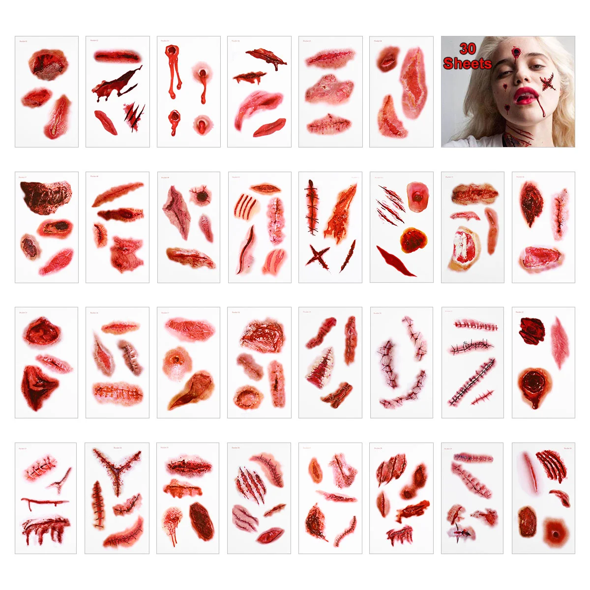 

30 Sheets Scar Tattoos Stickers Wound Tattoos Makeup Scars Tattoos Realistic Fake Blood Temporary Tattoos