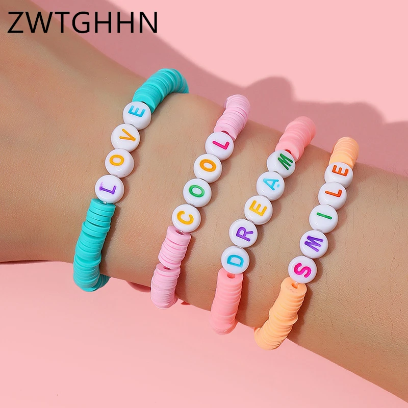 

ZWTGHHN Bohemia Acrylic Handmade Beaded Letter Bracelet For Women Multilayer Soft Pottery Personality Friendship Bangle Jewelry