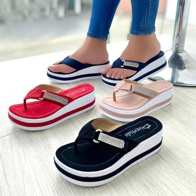 

Plus Size Women's Shoes 2022 Rhinestone Sponge Platform Sandals Wedge Slippers Summer Flip Flops Women Flat Beach Slippers
