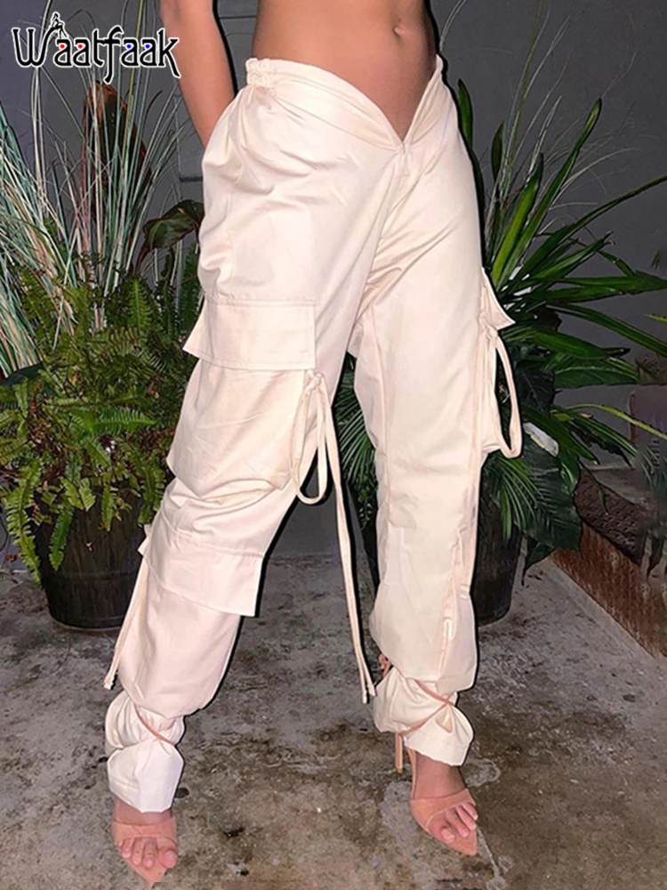 

Waatfaak Aesthetic Y2K Streetwear Bandage Cargo Pants Low Waist Pockets Baggy White Harajuku Vintage Sweatpants Korean Style