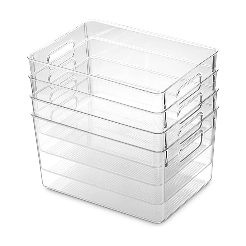 

4Pcs Clear Pantry Organizer Bins Household Plastic Food Storage Basket with Cutout Handles for Kitchen, Countertops Retail
