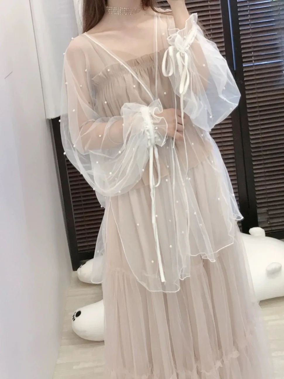 Корейский стиль милое прозрачное сетчатое кимоно с бисером кардиган женские