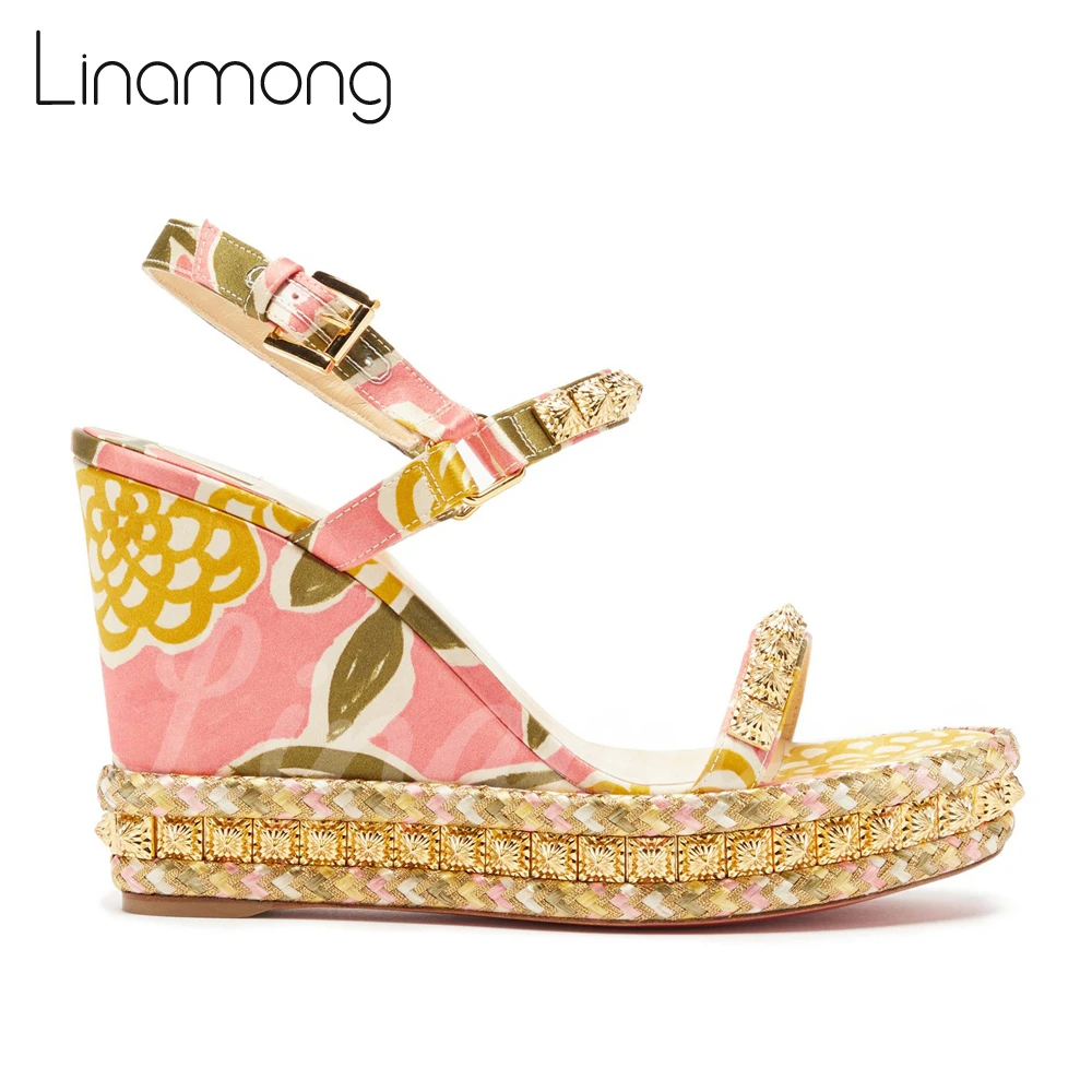 

Pink Printed Wedge Sandals Round Toe Espadrilles Buckle Colorblock Fashion Style Summer Sandals Platform Heels for Women New In