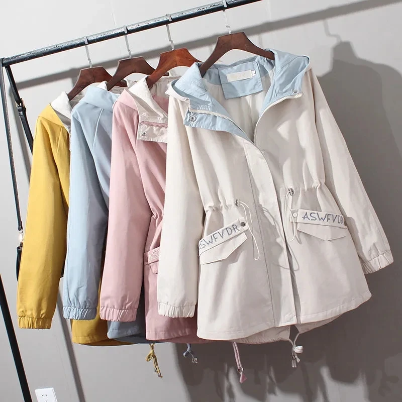 

Women's Coat 2022 Spring Autumn Mid-length Jacket New Letter Embroidery Hooded Outwear Temperament Casual All-match Windbreaker
