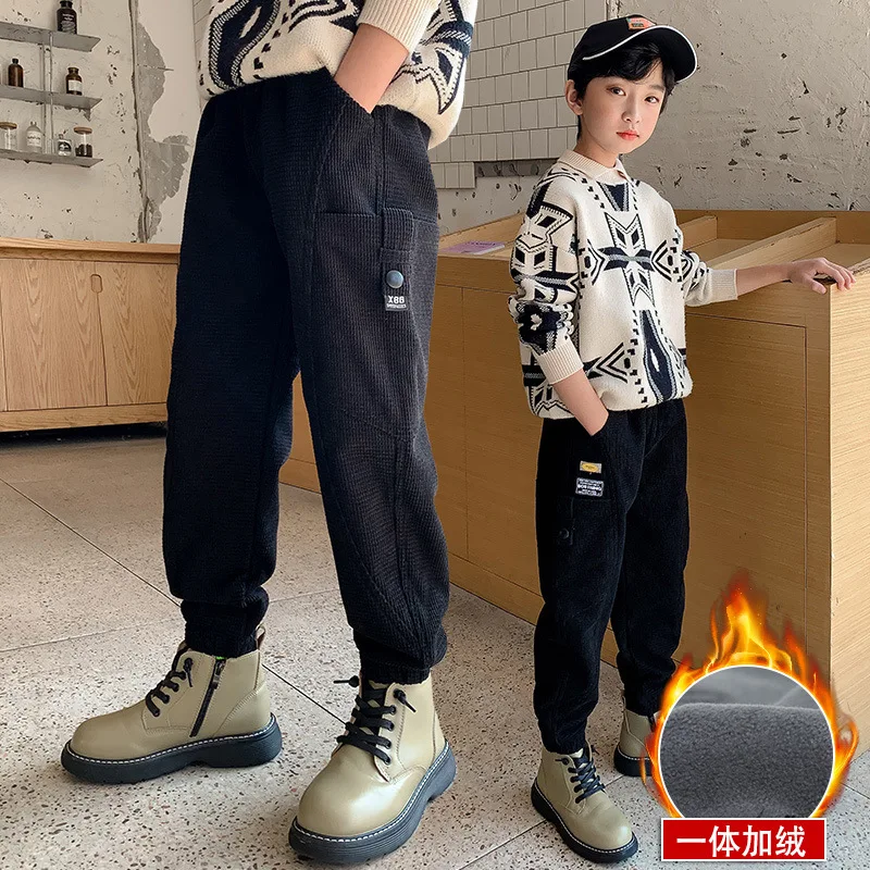 

New Winter Boys Fleece Pants High Waist Plus Velvet Thickening Keep Warm Loose Harlan Pants Teen Boys Sport Trousers 5-16 Years