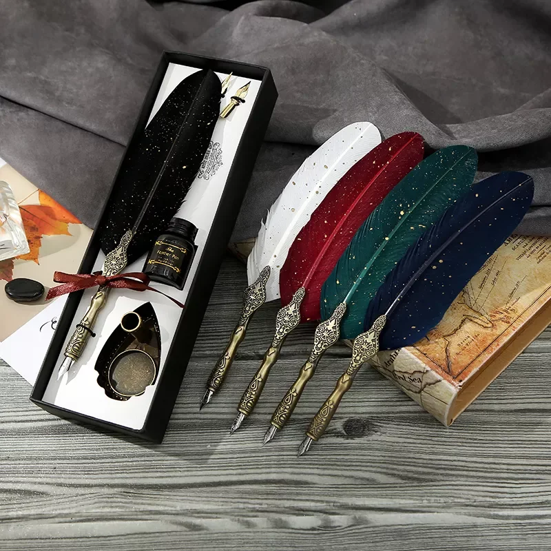 

1 Set English Calligraphy Feather Dip Pen Writing Stationery set Gift Box with 2 Nib Wedding Gift Quill Pen Fountain Pen New