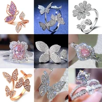 ladies simple trendy daisy flower plants silver color inlaid zirconia crystal female alloy opening ring for women party jewelry