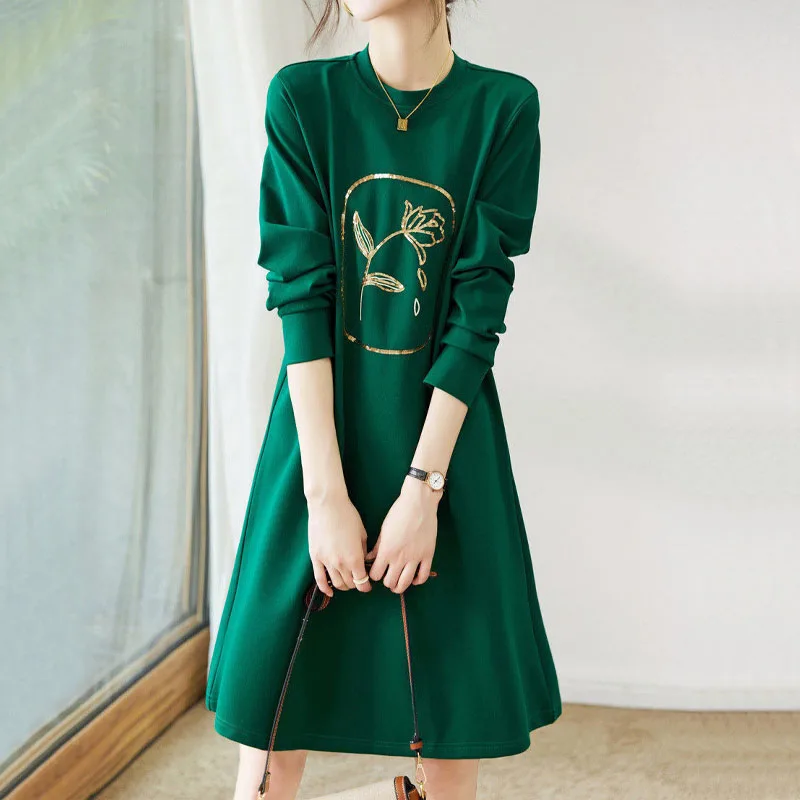 

Fashion Autumn Solid Color Sequined Spliced Dresses for Female Casual Commute Round Neck Loose Fleece Dress Women's Clothing
