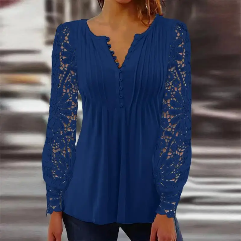 

Women's Solid V-Neck Button Casual T-shirt Sweet Autumn And Winter Lace Lace Patch Tees Women Fashion Tops S-5XL