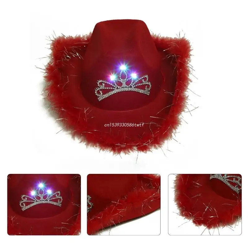 Ковбойская шляпа Федора с перьями ковбойская со светодиодной подсветкой для