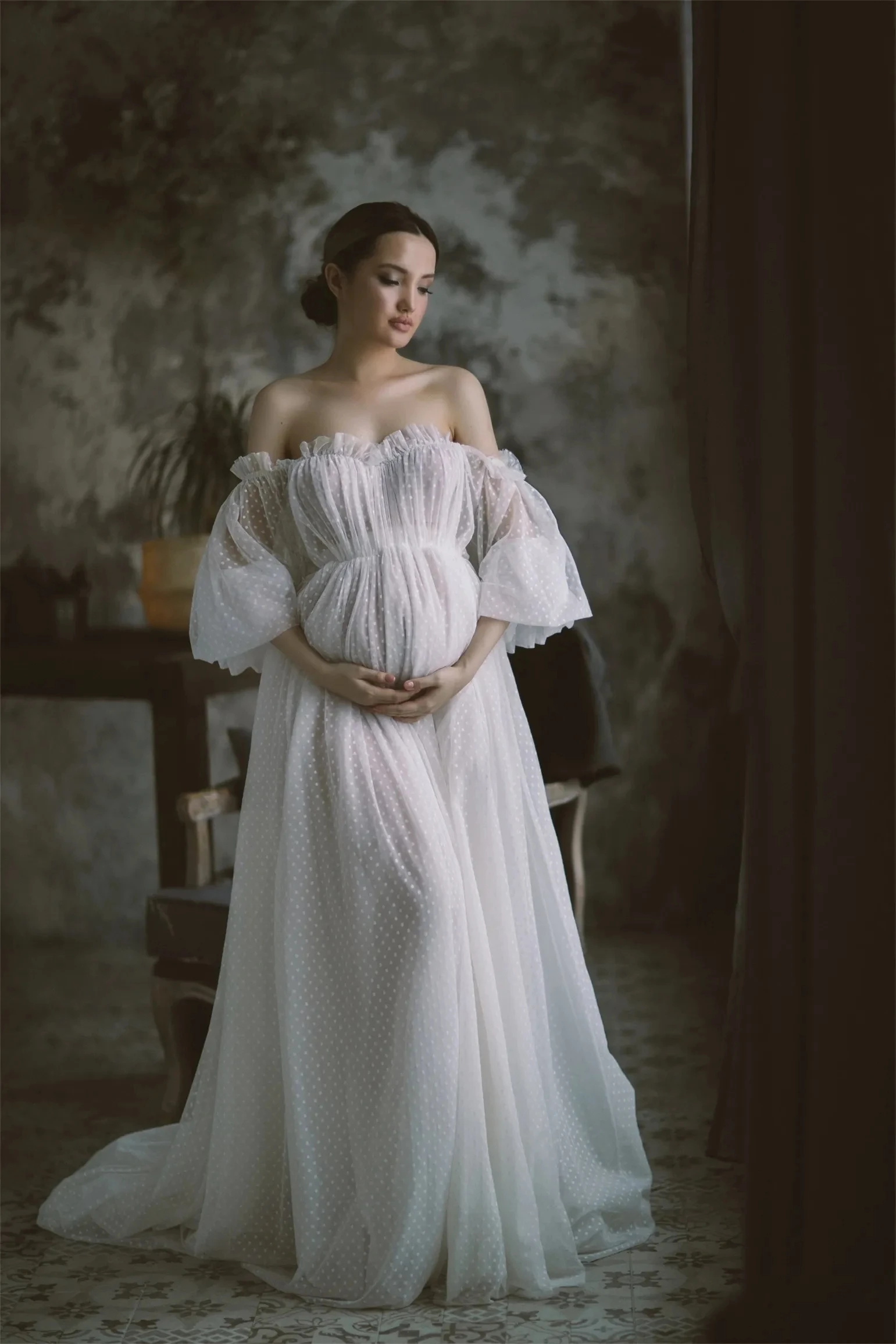 

White Elegant Maternity Sleepwear Ruffled Tulle Off Shoulder Gown for Photoshoot Boudoir Lingerie Bathrobe Long Sleeve Nightwear