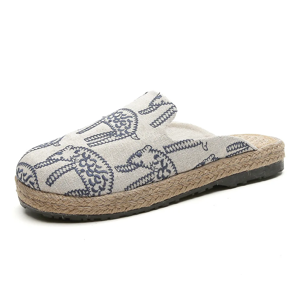 Women Casual Linen Handmade Embroidery Mules Flat Slippers Retro Vegan Summer Ladies Canvas Comfortable Espadrille Shoes
