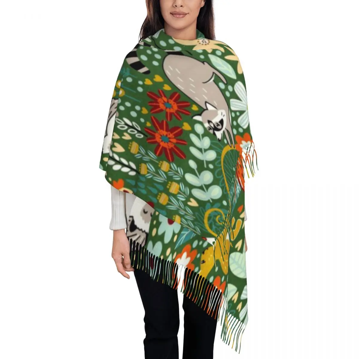 Текстурированный лесной узор - зеленый 72x197 см шаль шарф с кисточками