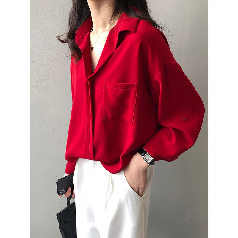 

Solid Lapel Pocket Front Button Up Shirts Red White Oversize Spring Women Blouse