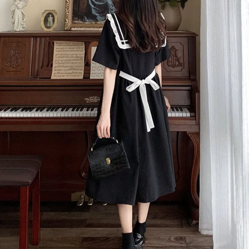 Black Versatile Naval Leader Splicing Ruffles Short Sleeve A-line Summer Retro Preppy Style Bow Bandage Plus Size Midi Dresses