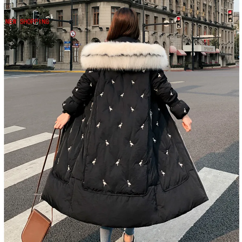 Chic Fur Coat Hooded Winter Down Coat Warm Jacket Long Women Thicken Cotton Padded Parkas Embroidered Female Jacket Plus Size