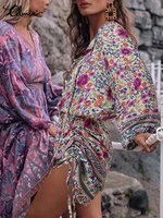 celmia floral print women short jumpsuits bohemian puff sleeve drawstring overalls sexy v neck rompers lace up holiday playsuits