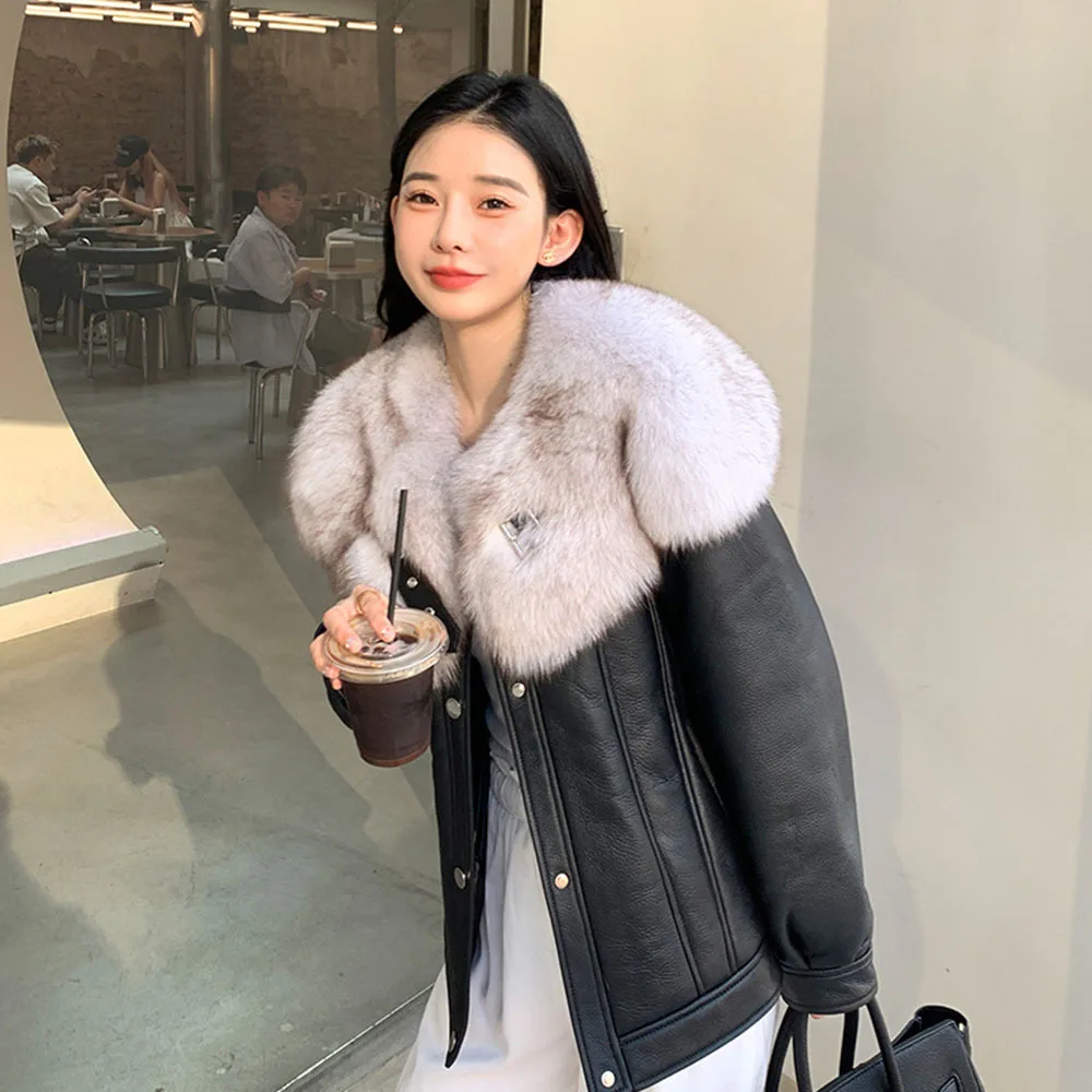 

Winter PU Leather Jackets For Women's Faux Fur Collar Coats Casual Loose Faux Leather Outerwear Female Korean Elegant Short Coat