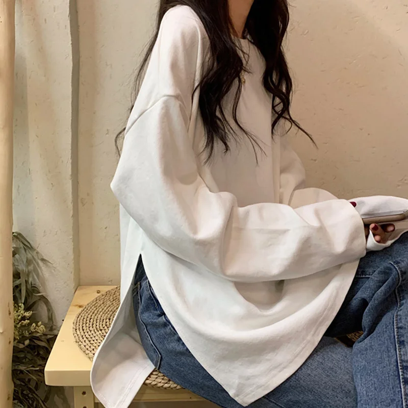 

harajuku long T Shirt spring autumn Solid Simple oversized t-shirt for Women goth T-shirts Split White black long Sleeve Tops