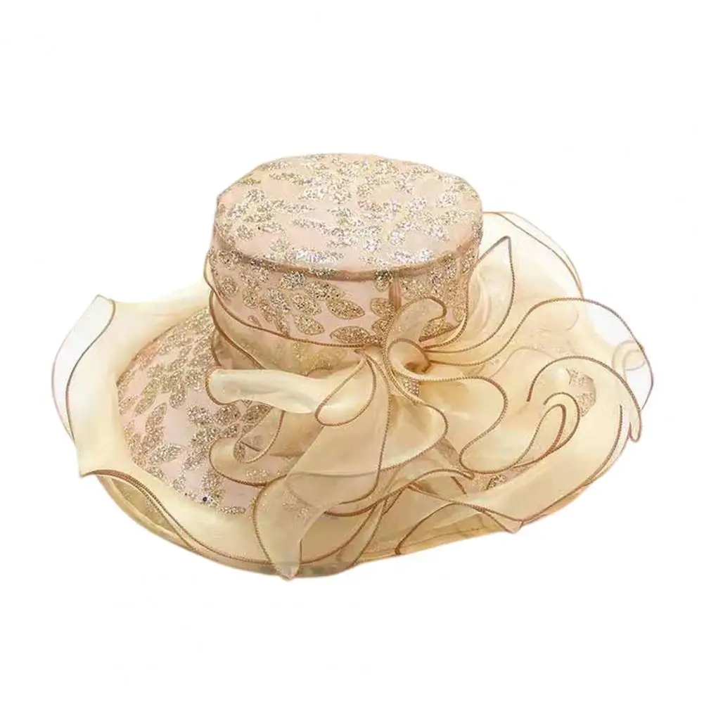 

40%HOT Women Church Cap Wide Brim Cloth Flower Foldable Hot Stamping Sequins Sun Hat for Wedding