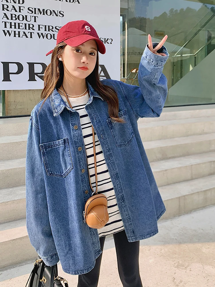 

Женское джинсовое пальто, однобортное пальто большого размера с отложным воротником в Корейском стиле, верхняя одежда для весны и осени