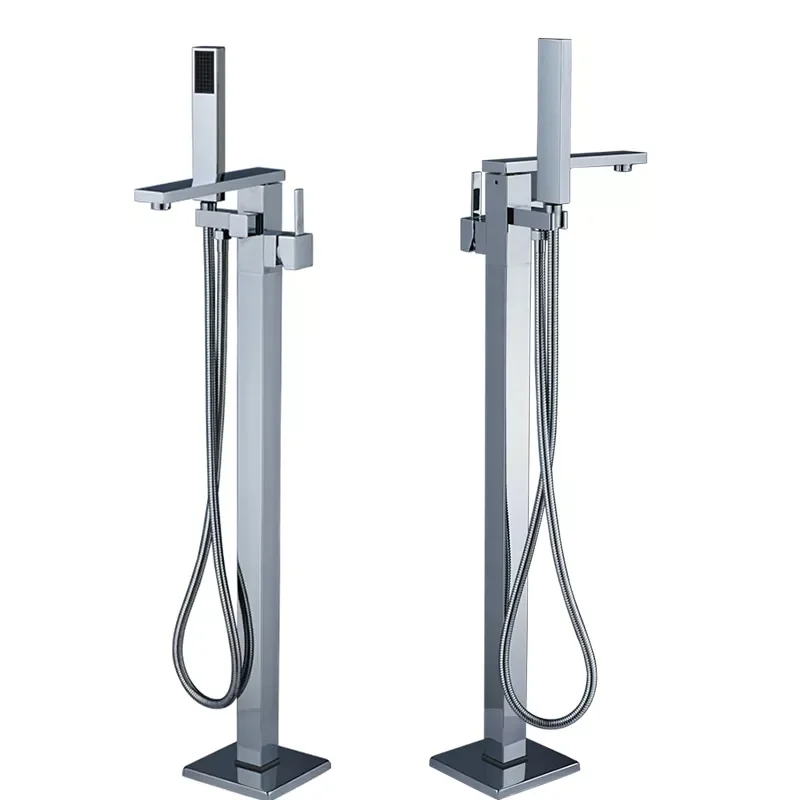 

Bright Chrome Bathtub Faucet Floor Mounted Single Handle Bath Shower Set Free Standing Bathroom Tub Mixer Tap with Handshower