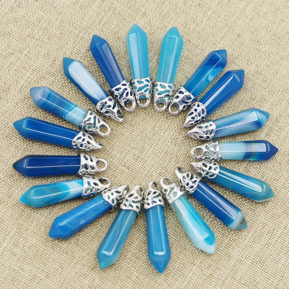 

Natural Stone Pillar Hexagonal Lake Blue Agate Necklace Pendant Charm Mineral Healing Fashion DIY Jewelry Making Wholesale 20Pcs