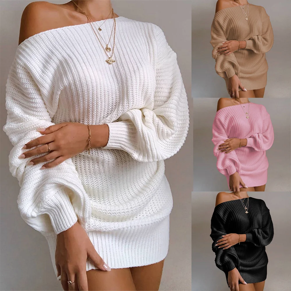 

New Autumn Casual Dress for Women Off-The-Shoulder Knitted Sweater Dress for Going Beach Side Wear