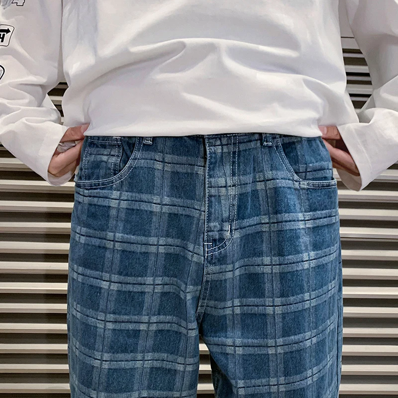 Men's Plaid Blue Baggy Jeans 2022 Spring New Korean Fashion Wide Leg Jean Y2k Printing Denim Pants Male Brand Clothes