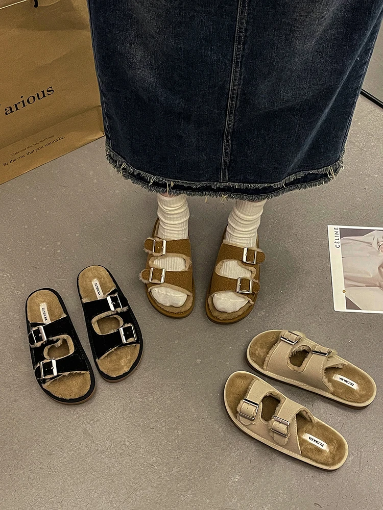 

Women's Shoes, Plush Slippers, New Fashion Metal Buckle Cotton Shoes for Autumn and Winter 2023