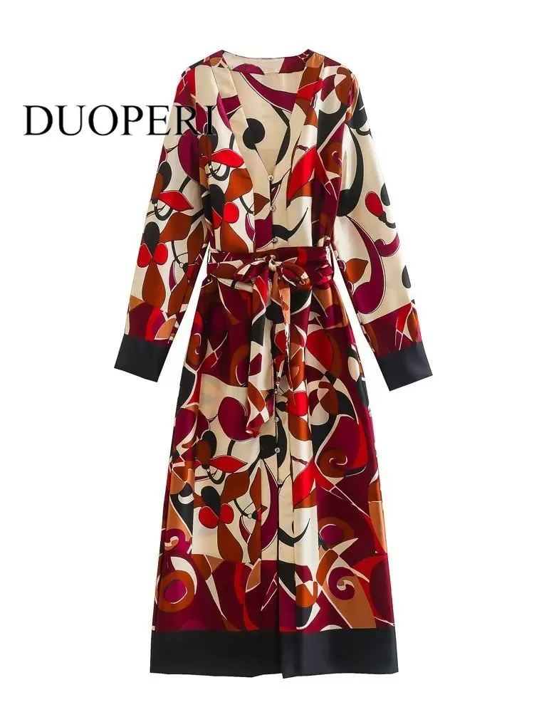 

Платье-миди женское однобортное с поясом и длинным рукавом