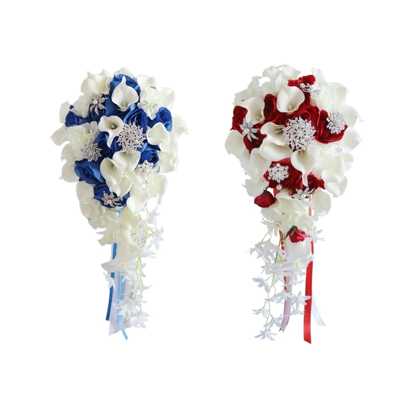 

E9LD Artificial Flower Bouquet Diamond Button Waterfall Simulation Fake Flowers for Wedding Party Bride Handheld Photography