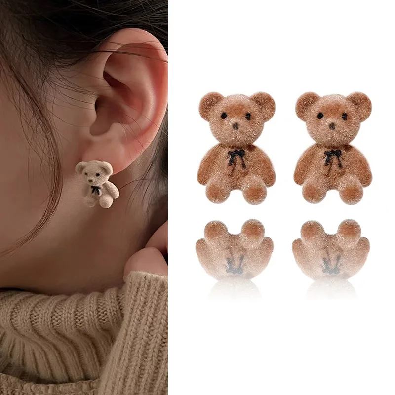 

1Pair Small Plush Bear Stud Earrings Cute Bears Brown Flocking Animal Earrings For Women Girls Ear Studs Earring Jewelry Gifts