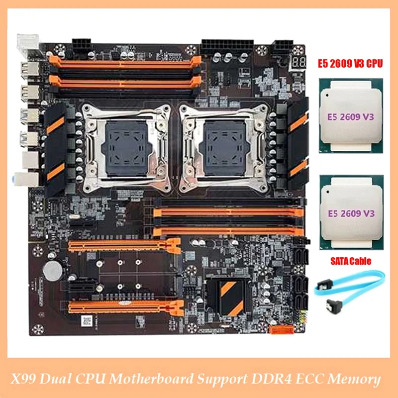 

X99 Dual CPU Motherboard Support LGA2011-3 CPU Support DDR4 ECC Memory Desktop Motherboard+2XE5 2609 V3 CPU+SATA Cable