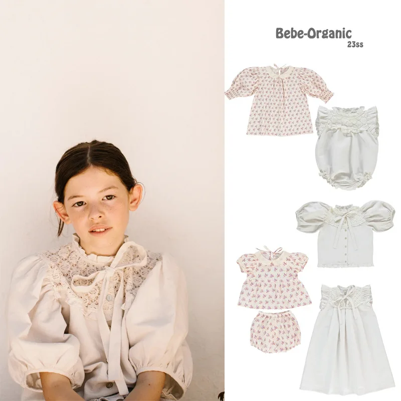 

2023 Summer Children's Dress Linen Cotton Girls Dresses Floral Stitching Lace Flying Sleeve Dress