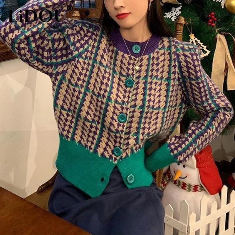 

Autumn Winter Houndstooth Patchwork Casual Fashion Knitted Cardigan Lady Sweet All-match Top Women Single Breasted Sweater Coat