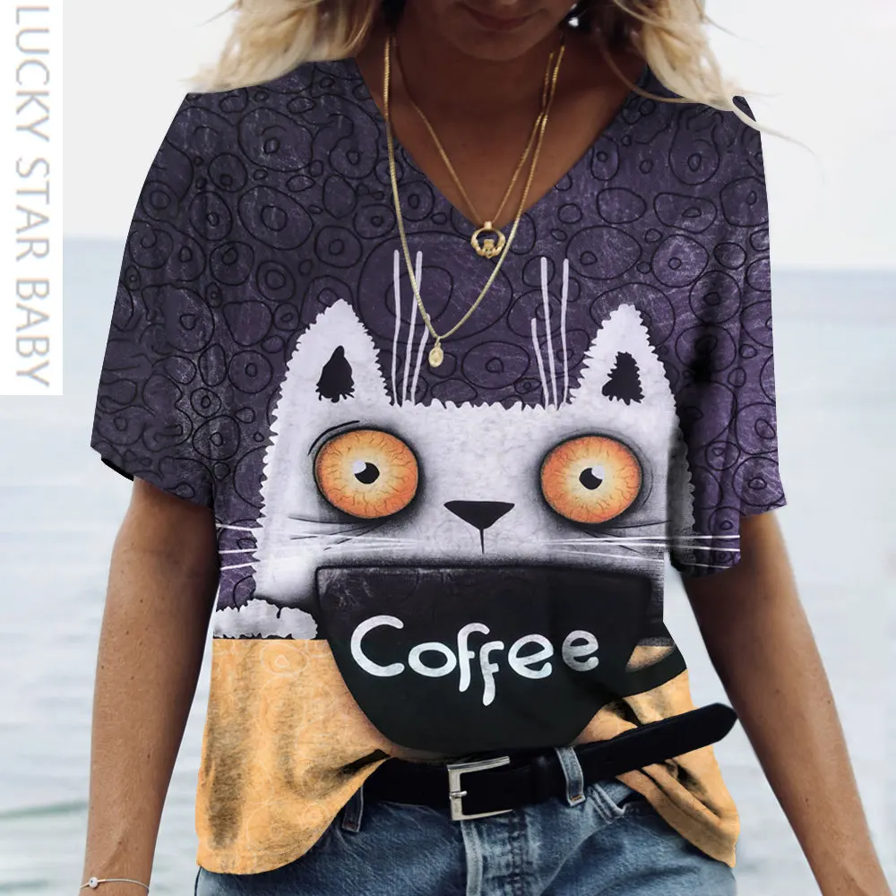 

Coffee Cat Graphic Women's T-shirt Tops Cartoon Printed Harajuku Short Sleeve Tees Fashion Streetwear Female Oversized Clothes