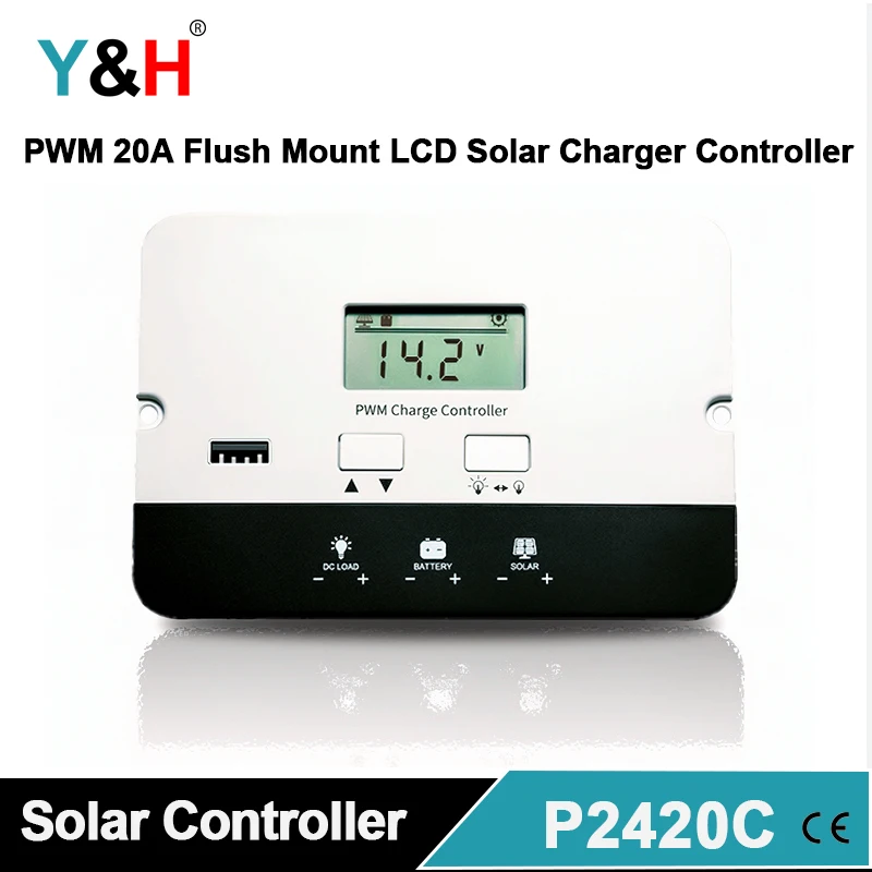 Y &amp H 20A 12В/24В заподлицо монтаж PWM отрицательный заземляющий Солнечный контроллер