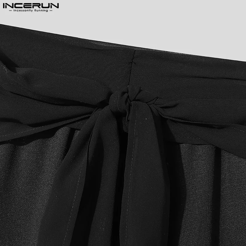 INCERUN мужские повседневные длинные брюки 2024 сетчатые с поясом Hansome широкие простые