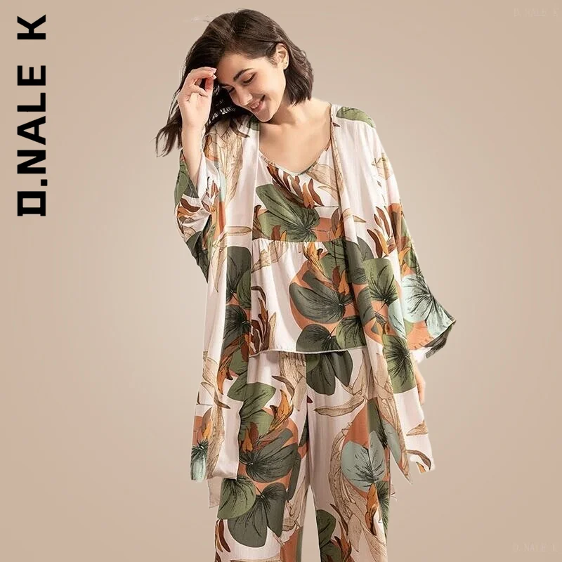 

D.Nale K Comfort Loose Homewear FALL New Ladies Pajamas Set Cartoon Banana Leaves Printed Women Large Size Femme Sleepwaear