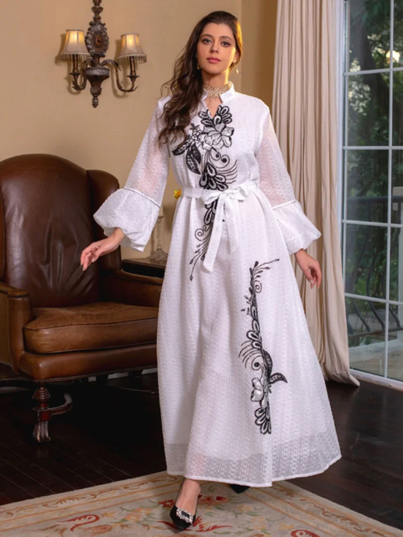 Abaya Luxury Appliques V-Neck Petal Sleeve Belted Dress Jalabiyat Ramadan Modest Clothing Women 2023 Spring Autumn New
