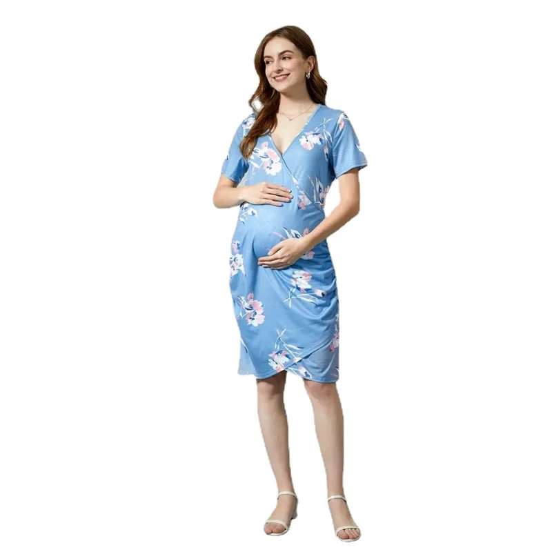 New Summer Women Fashion Elegant Maternity Clothes Breastfeeding Dress Floral Printing Pleated V-Neck Casual Pregnancy Dress enlarge