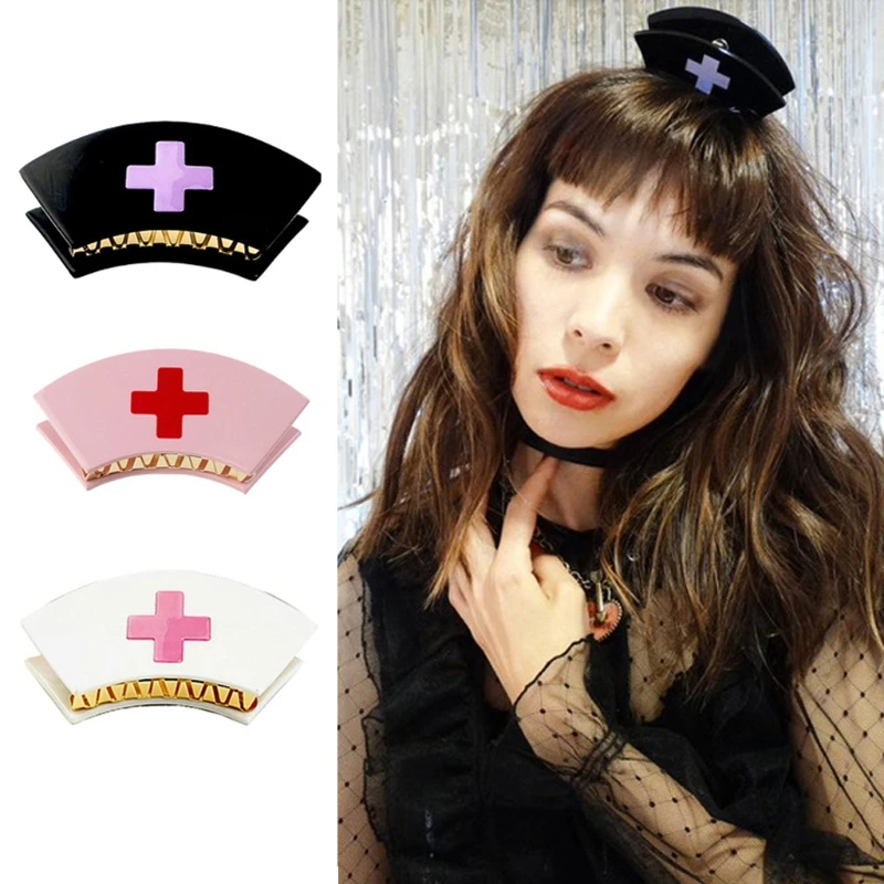 

Harajuku Acrylic Nurse Costume Hair Clip Nurse Cap Hairpins Cross Pattern Lovely Lolita Barrette Women Hair Claw Jewelry