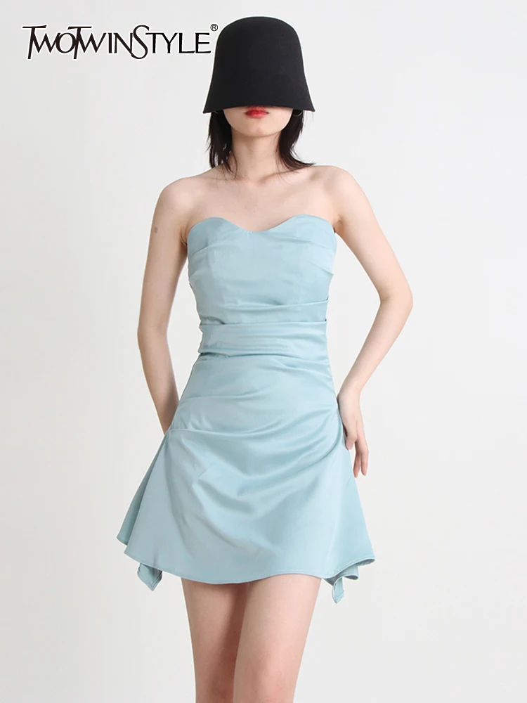 

Женское облегающее мини-платье TWOTWINSTYLE, летнее платье без бретелек с высокой талией и рюшами, новинка 2023