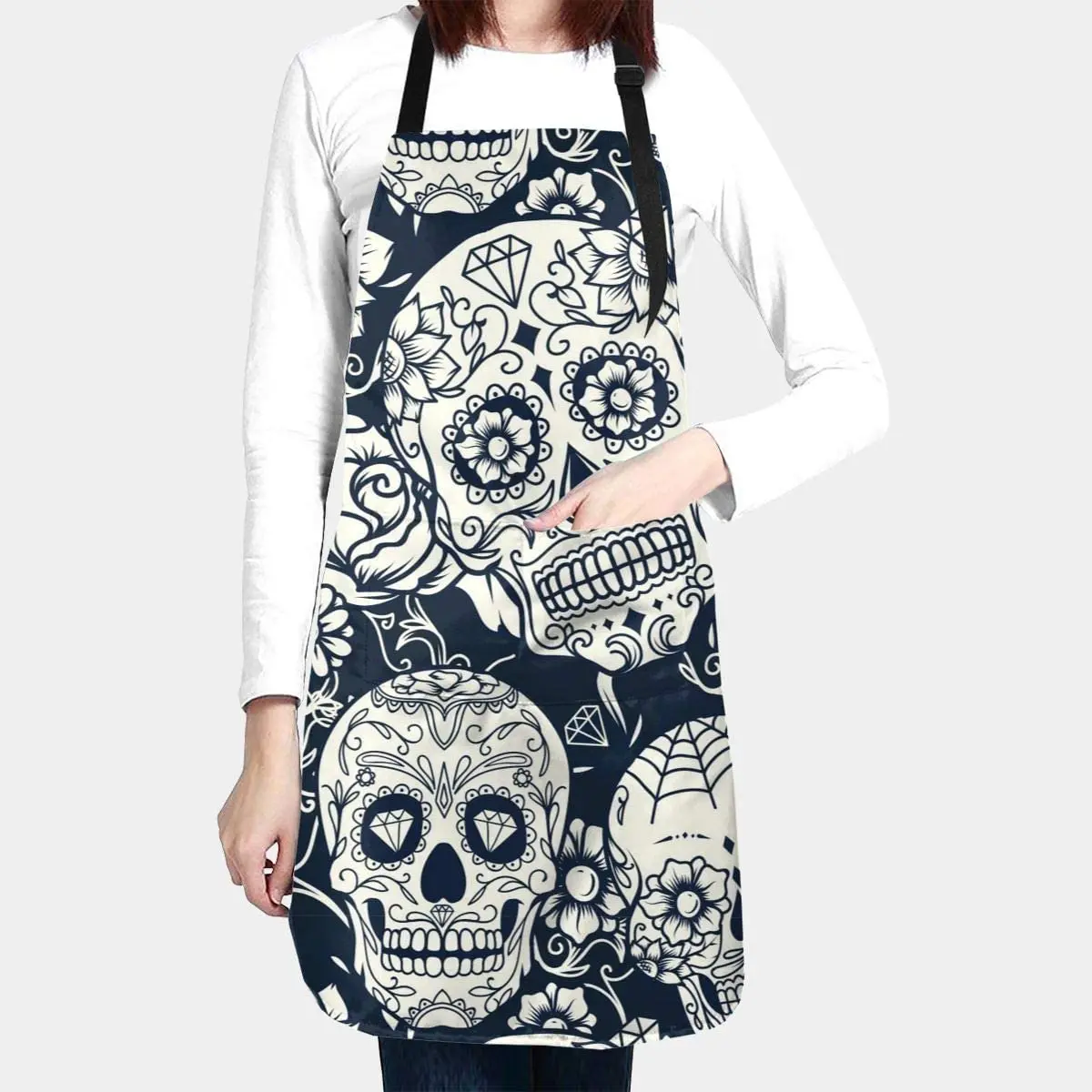

Сахарные черепа водонепроницаемый фартук для взрослых День мертвых шеф-повара Слюнявчик с просторным карманом для кухни барбекю ремесло р...