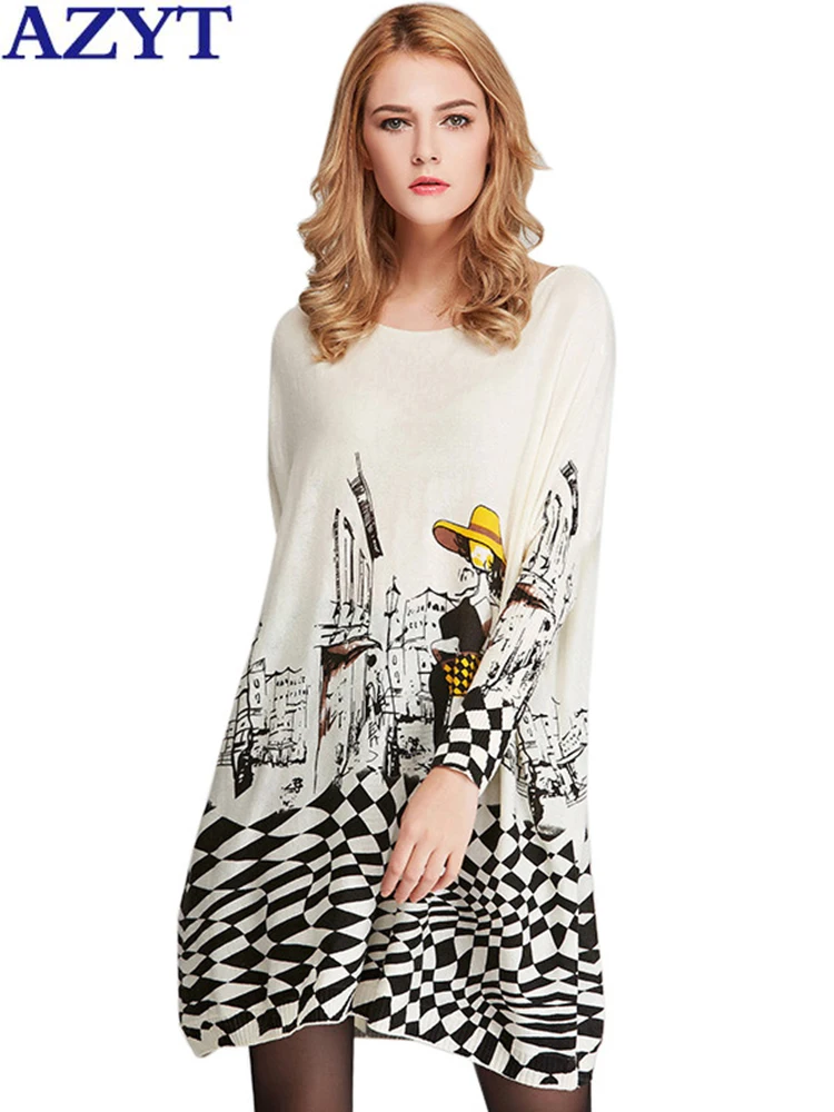 

AZYT Vintage Style Oversized Sweater Women Pullover Casual Print Knitted Jumpers 2022 Fashion Long Batwing Sleeve Pull Femme
